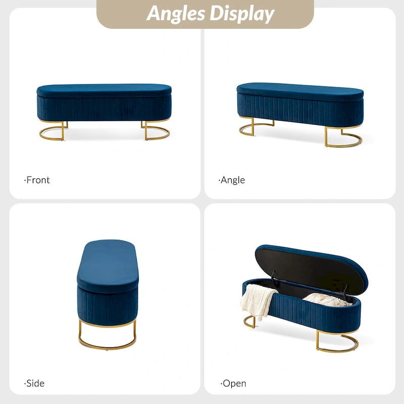 Green Velvet Storage Bench with Gold Legs - 50" Wide