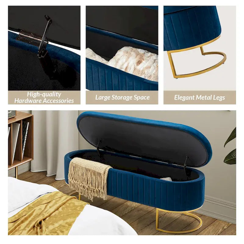 Green Velvet Storage Bench with Gold Legs - 50" Wide