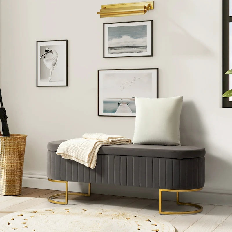 Green Velvet Storage Bench with Gold Legs - 50" Wide