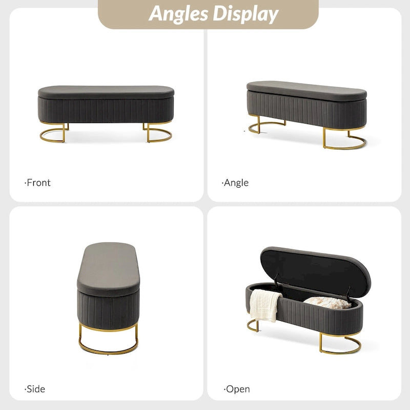 Green Velvet Storage Bench with Gold Legs - 50" Wide