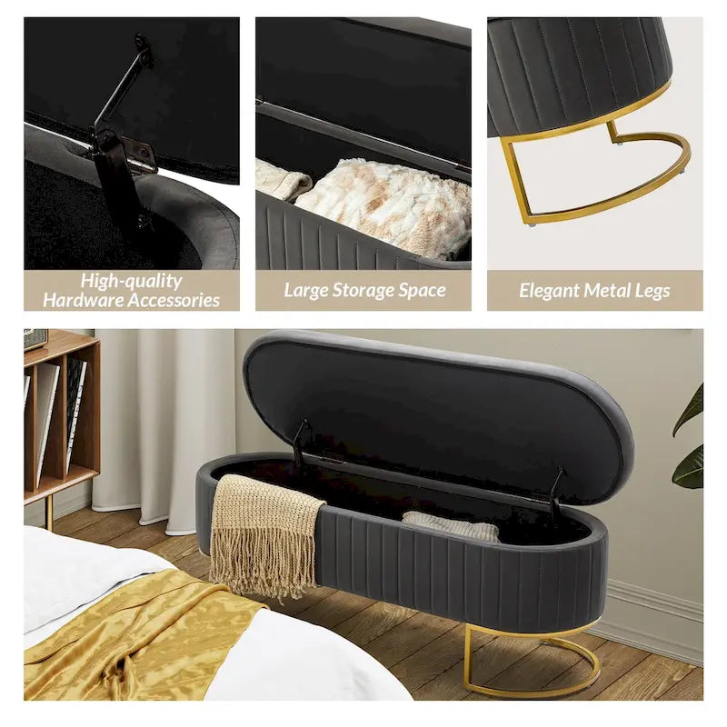 Green Velvet Storage Bench with Gold Legs - 50" Wide