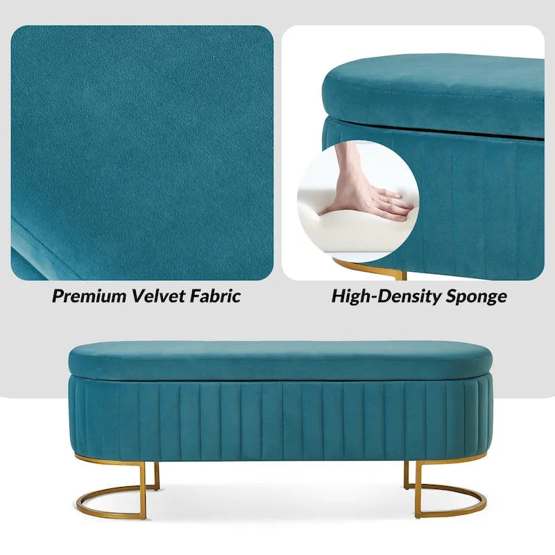 Green Velvet Storage Bench with Gold Legs - 50" Wide