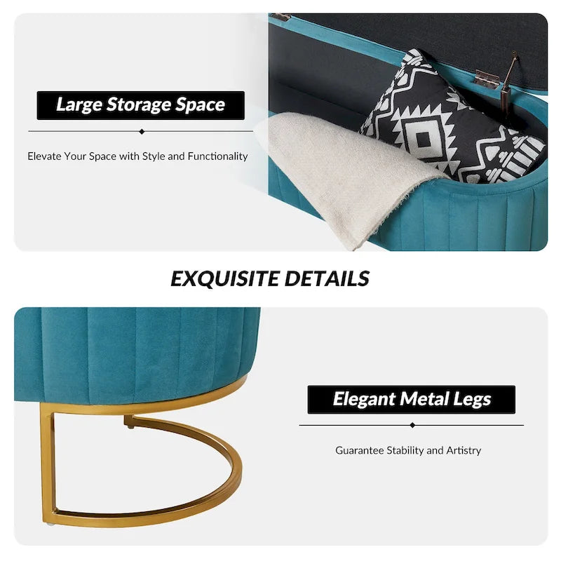Green Velvet Storage Bench with Gold Legs - 50" Wide