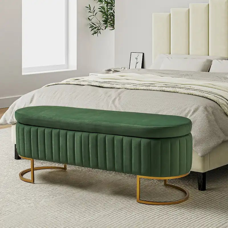 Green Velvet Storage Bench with Gold Legs - 50" Wide