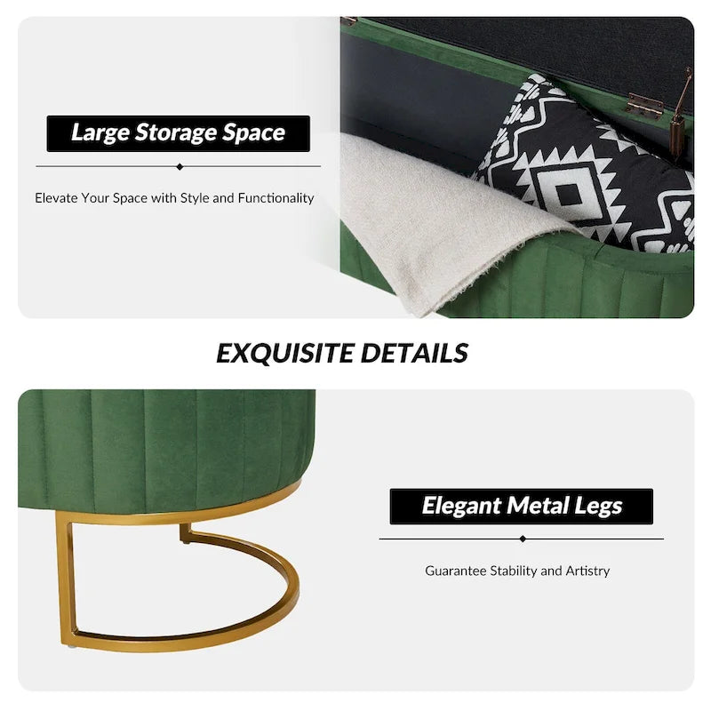 Green Velvet Storage Bench with Gold Legs - 50" Wide