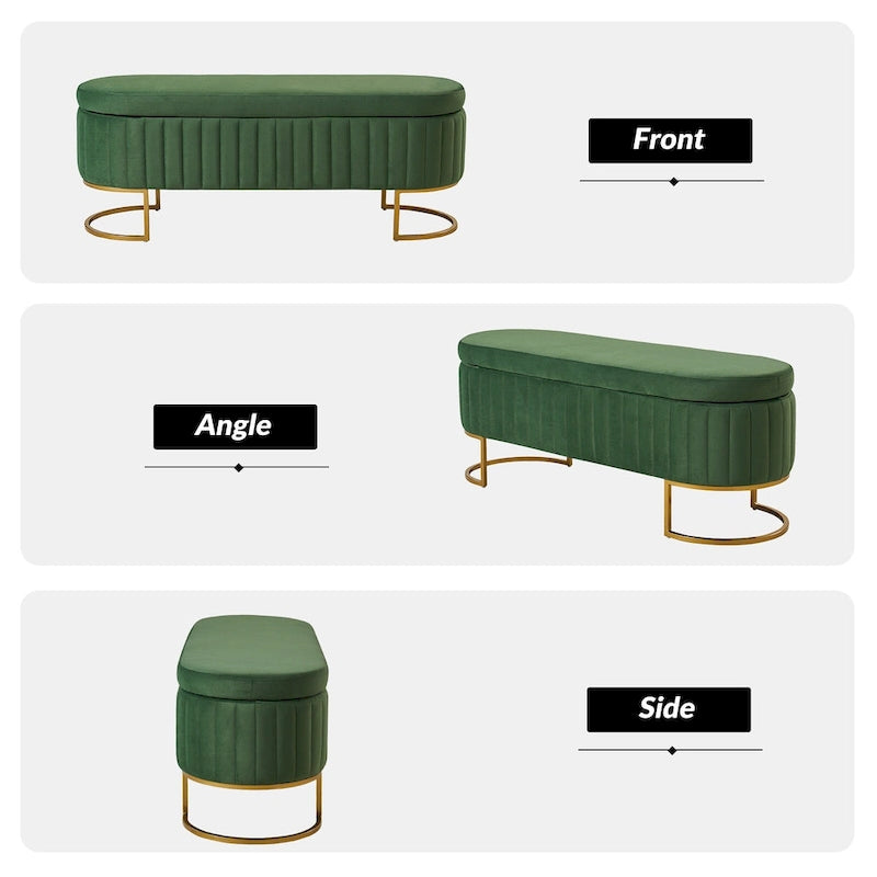 Green Velvet Storage Bench with Gold Legs - 50" Wide