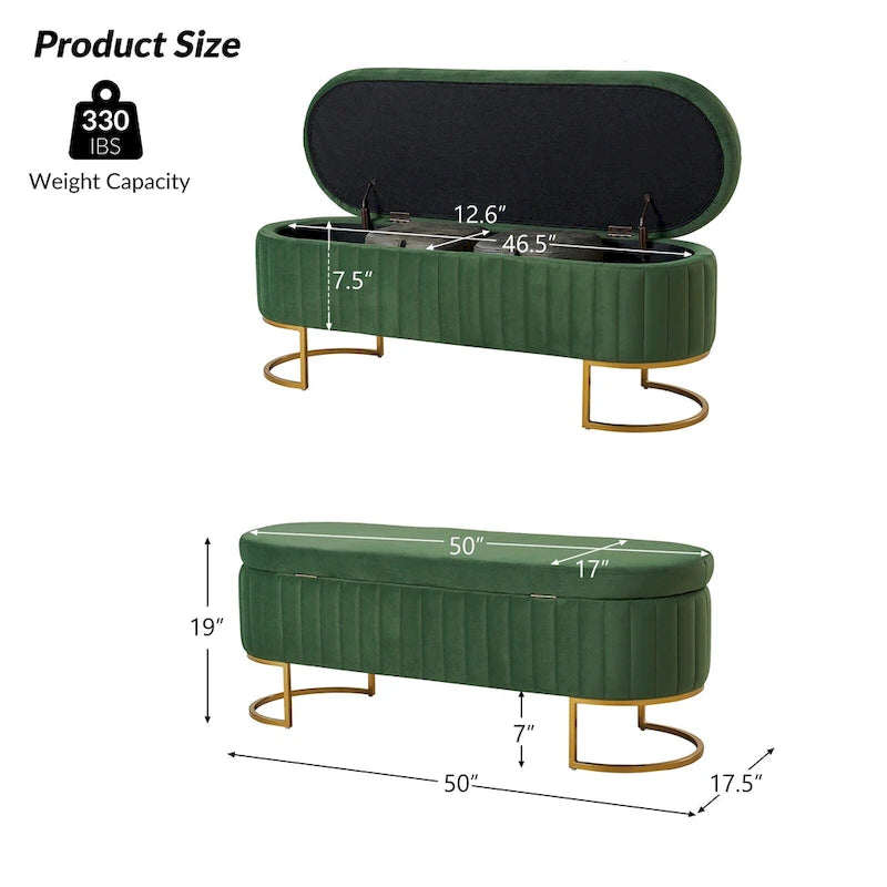Green Velvet Storage Bench with Gold Legs - 50" Wide
