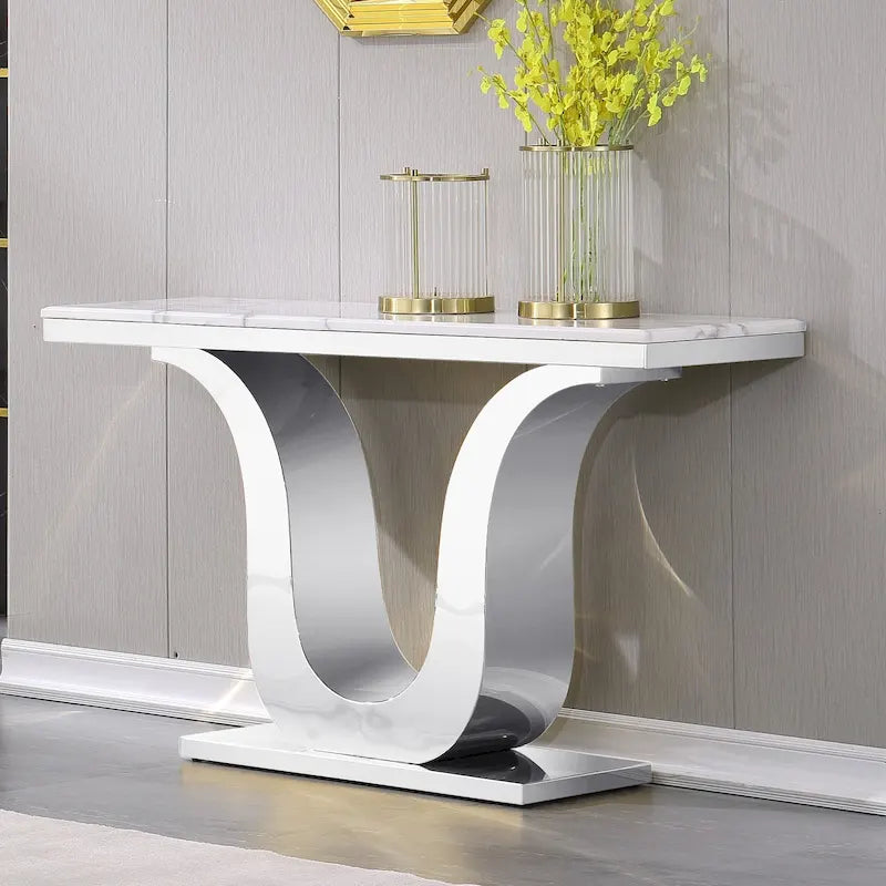 White Faux Marble Console Table with Gold U-Base - 50"