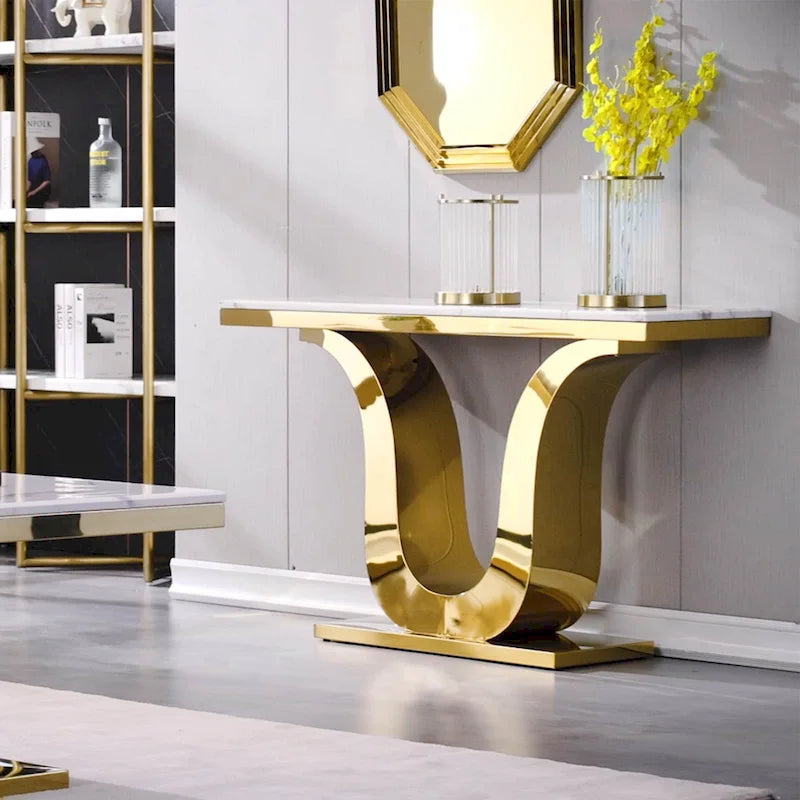 White Faux Marble Console Table with Gold U-Base - 50"