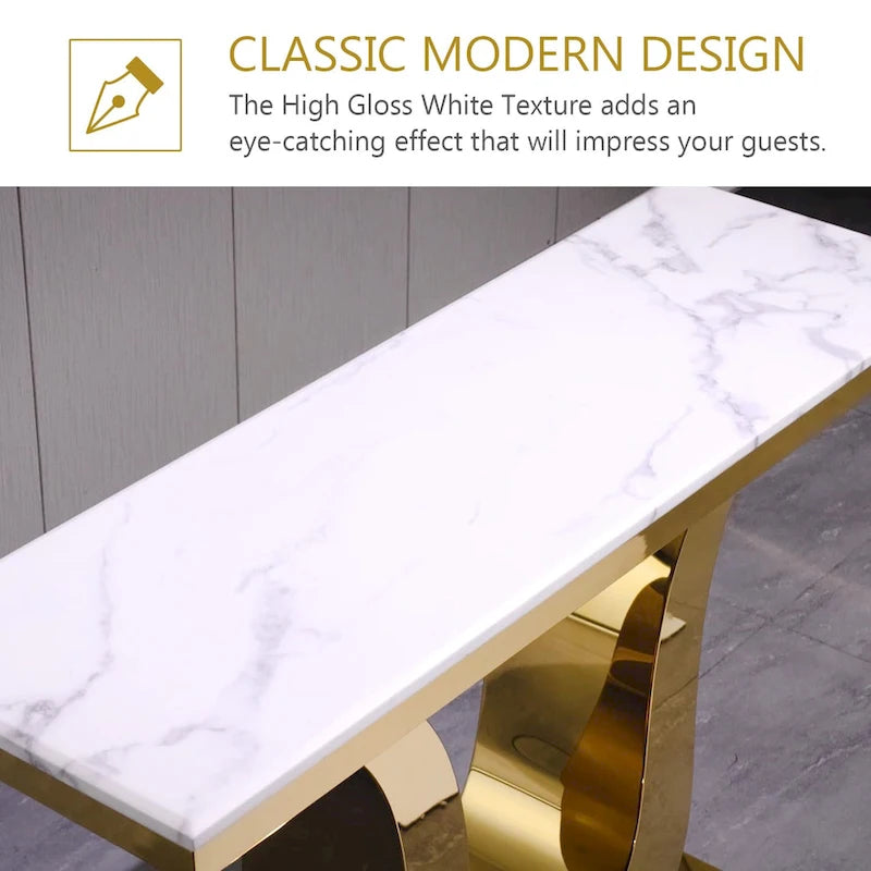 White Faux Marble Console Table with Gold U-Base - 50"