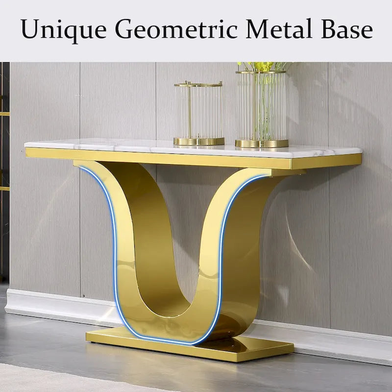 White Faux Marble Console Table with Gold U-Base - 50"