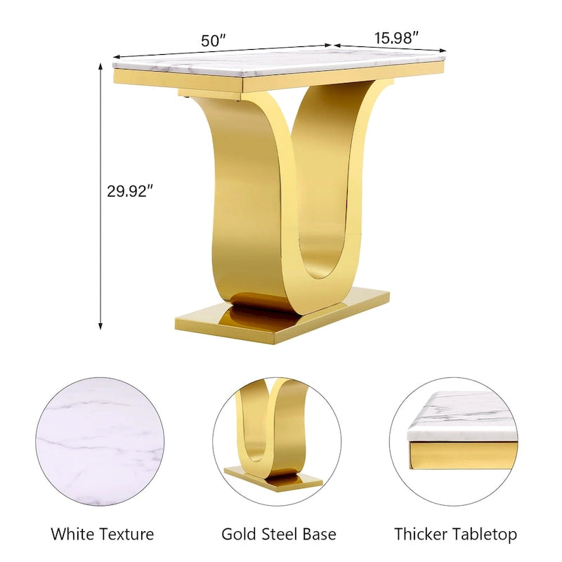 White Faux Marble Console Table with Gold U-Base - 50"