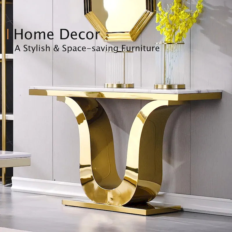 White Faux Marble Console Table with Gold U-Base - 50"