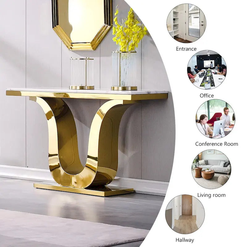 White Faux Marble Console Table with Gold U-Base - 50"
