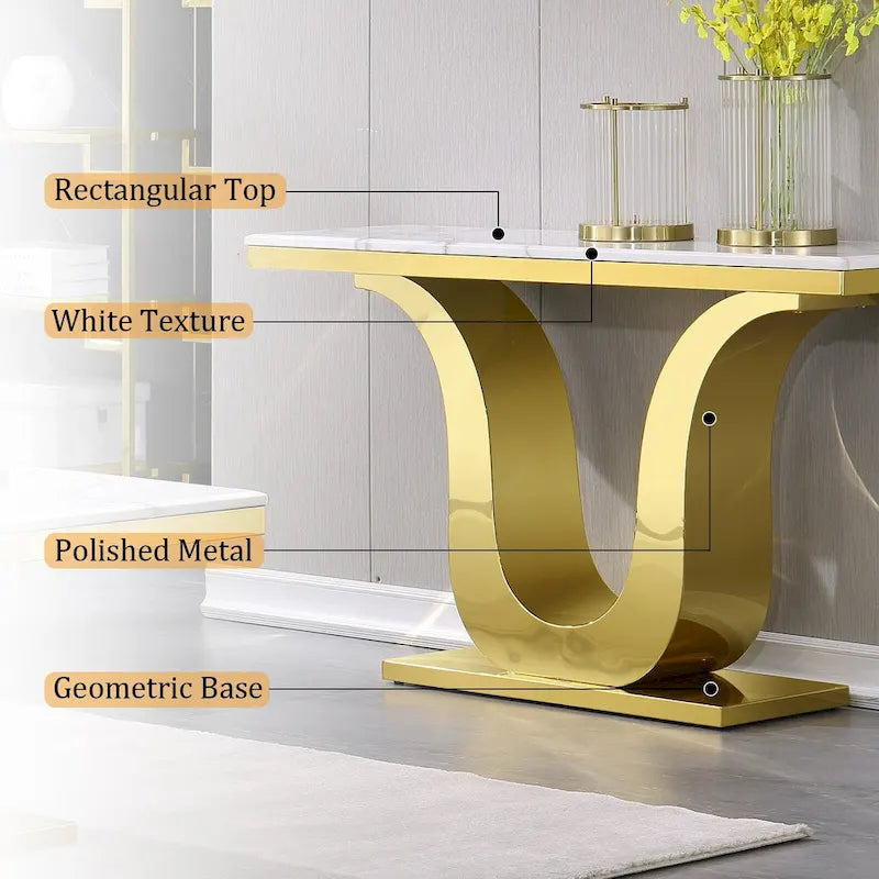 White Faux Marble Console Table with Gold U-Base - 50"