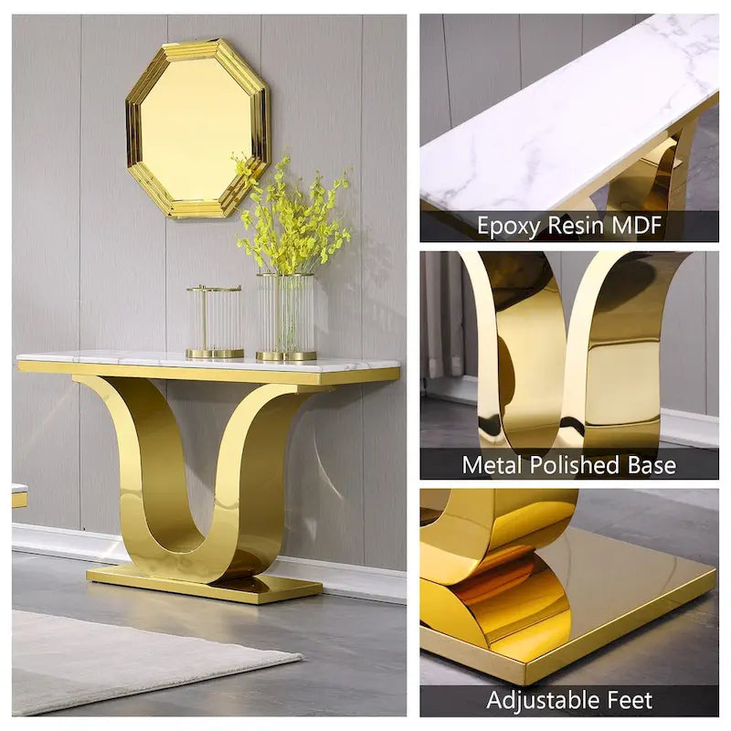 White Faux Marble Console Table with Gold U-Base - 50"