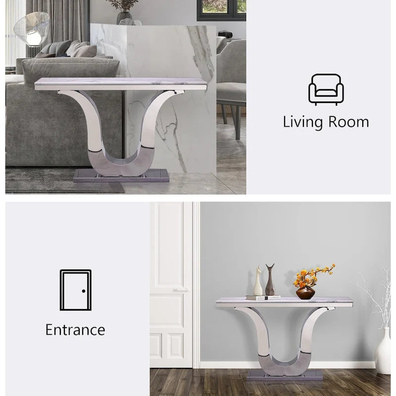 White Faux Marble Console Table with Gold U-Base - 50"