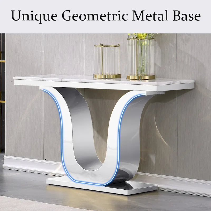 White Faux Marble Console Table with Gold U-Base - 50"