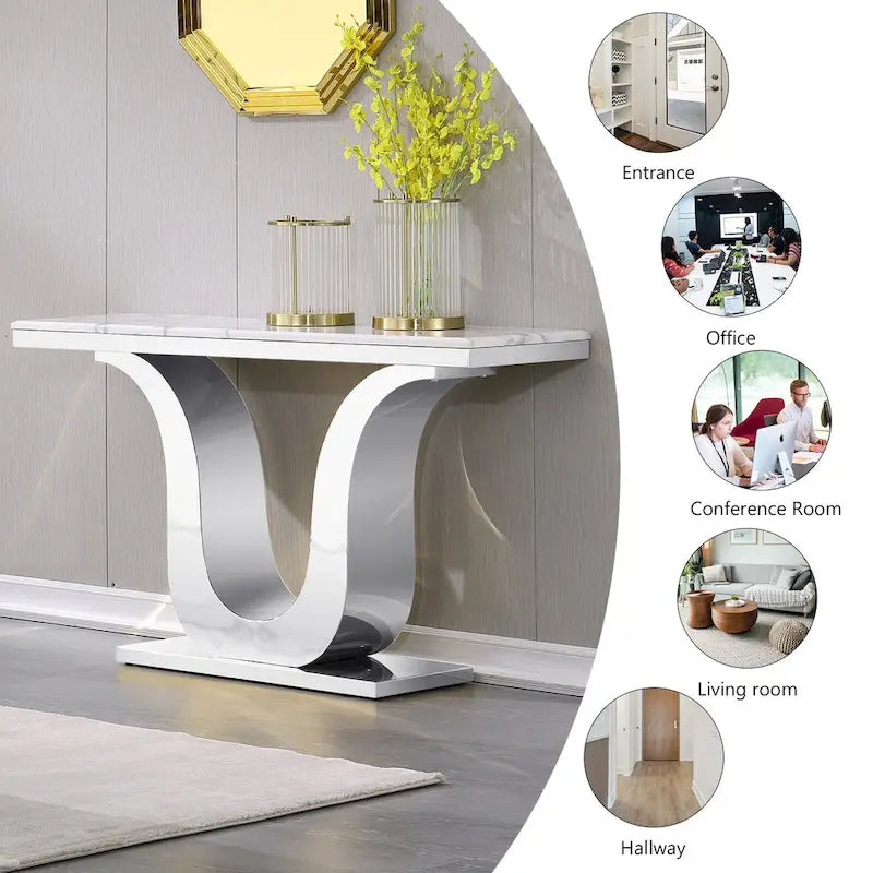 White Faux Marble Console Table with Gold U-Base - 50"