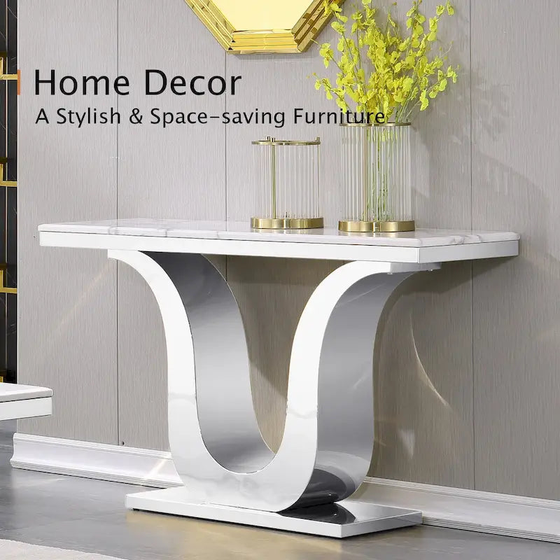 White Faux Marble Console Table with Gold U-Base - 50"