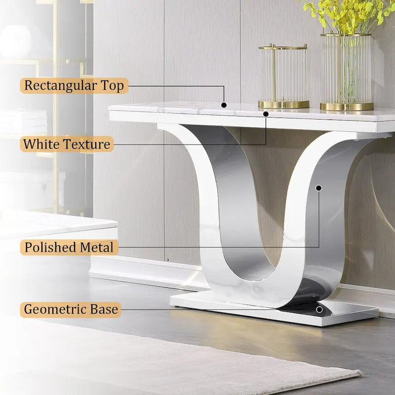 White Faux Marble Console Table with Gold U-Base - 50"