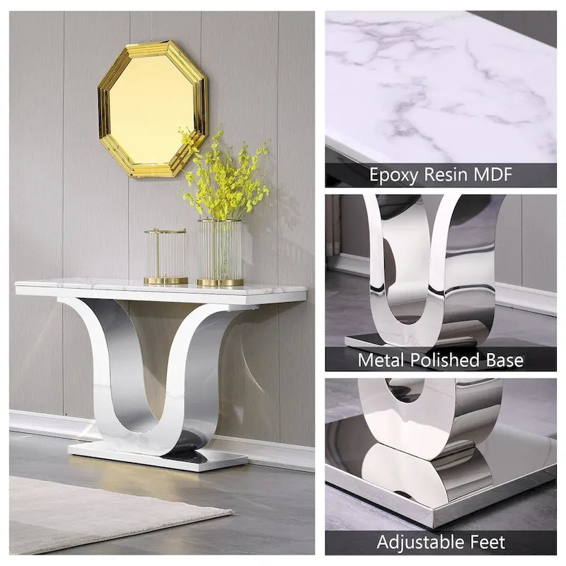 White Faux Marble Console Table with Gold U-Base - 50"