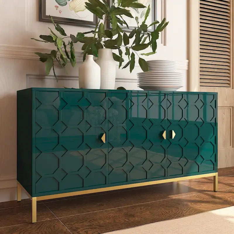 Glossy White 3-Door Storage Cabinet with Honeycomb Pattern & Gold Legs