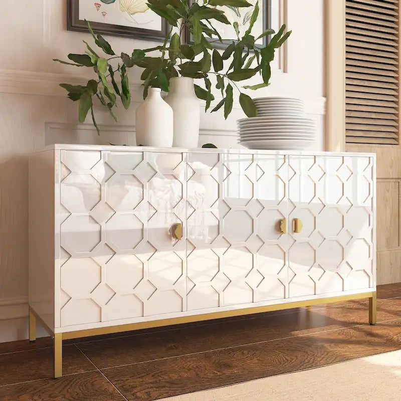 Glossy White 3-Door Storage Cabinet with Honeycomb Pattern & Gold Legs