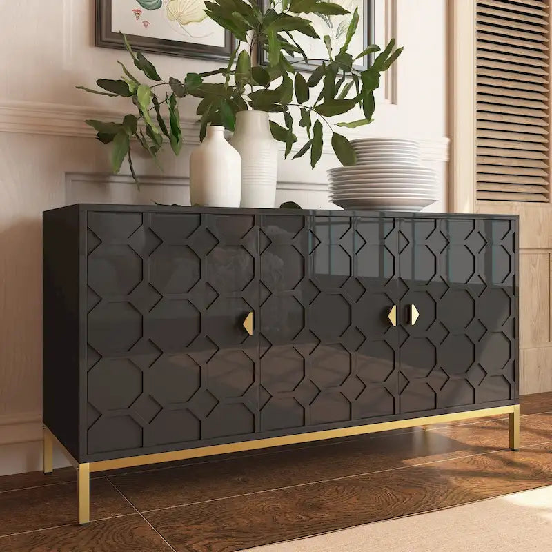 Glossy White 3-Door Storage Cabinet with Honeycomb Pattern & Gold Legs