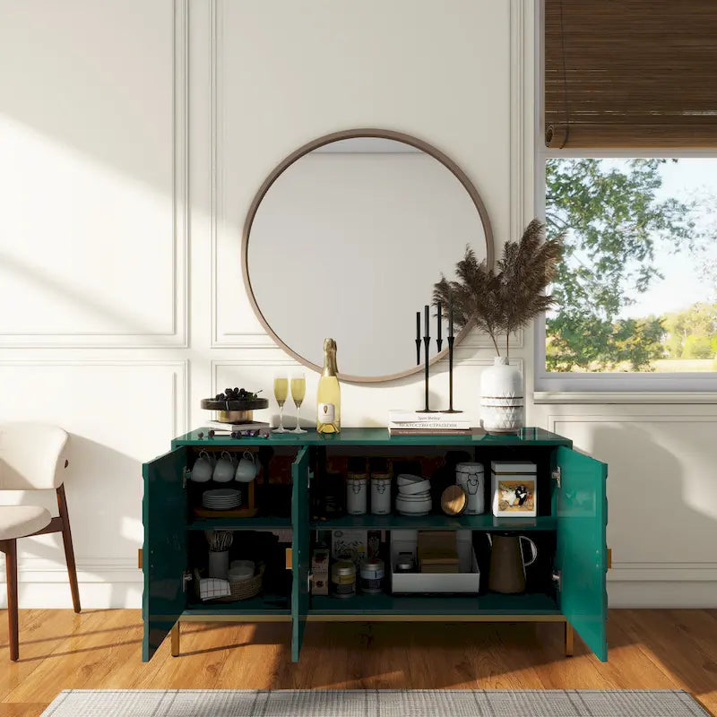 Glossy White 3-Door Storage Cabinet with Honeycomb Pattern & Gold Legs