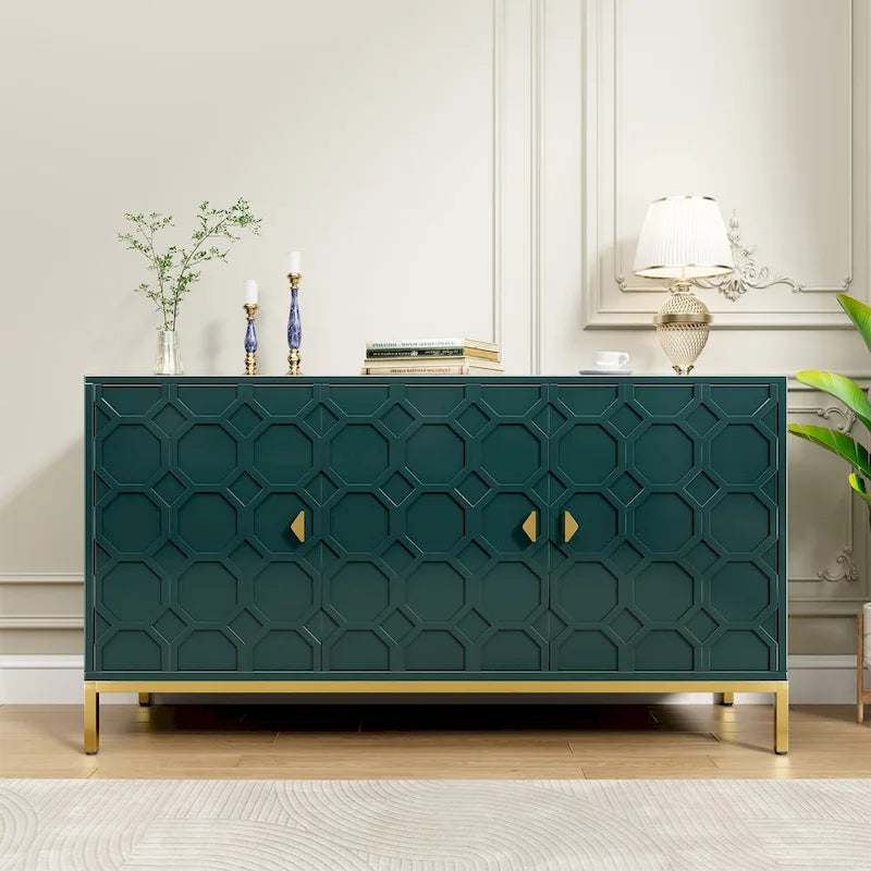 Glossy White 3-Door Storage Cabinet with Honeycomb Pattern & Gold Legs