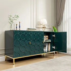 Glossy White 3-Door Storage Cabinet with Honeycomb Pattern & Gold Legs