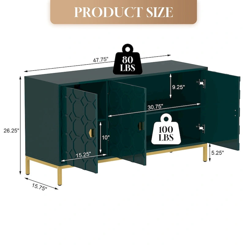 Glossy White 3-Door Storage Cabinet with Honeycomb Pattern & Gold Legs