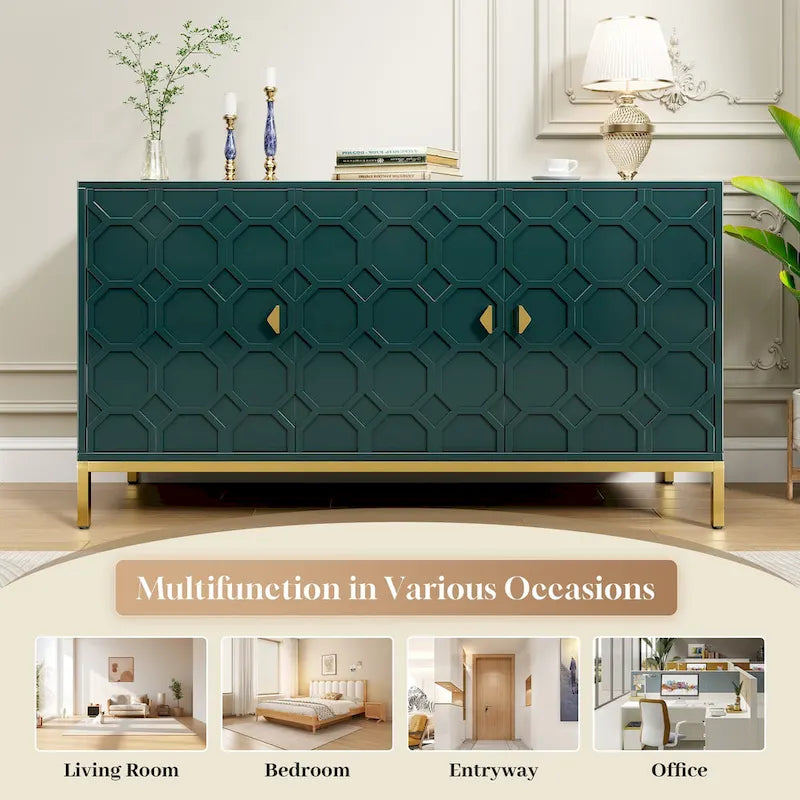 Glossy White 3-Door Storage Cabinet with Honeycomb Pattern & Gold Legs