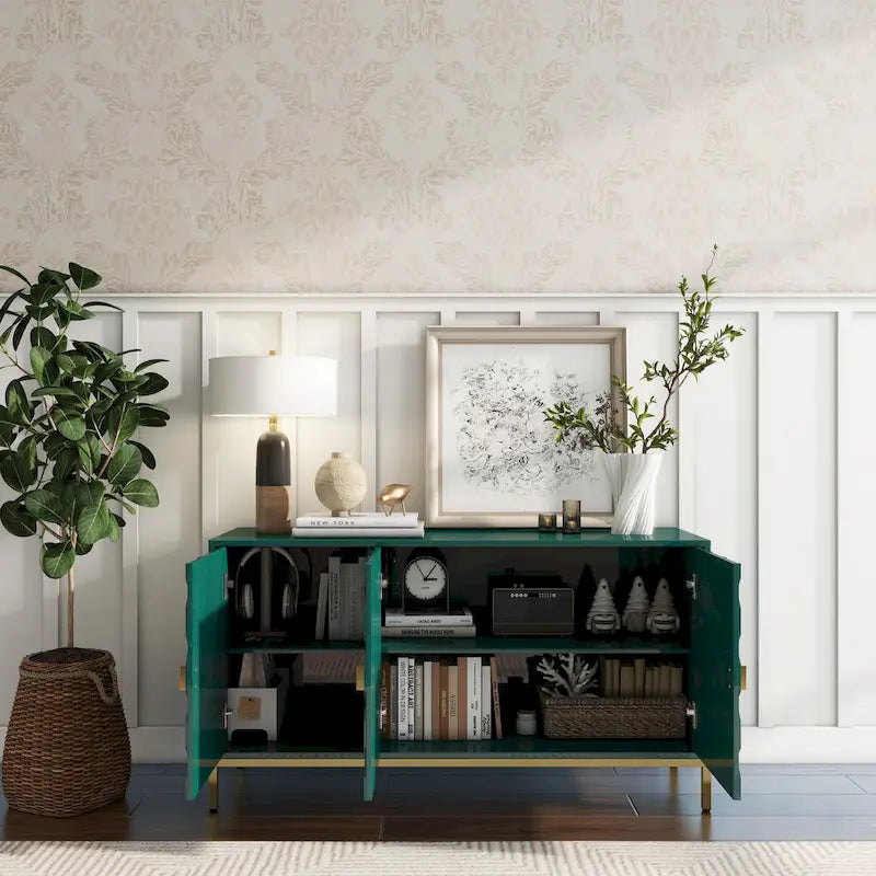 Glossy White 3-Door Storage Cabinet with Honeycomb Pattern & Gold Legs