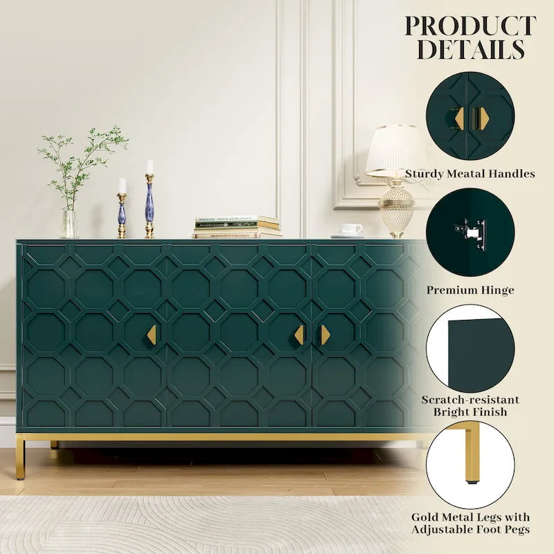 Glossy White 3-Door Storage Cabinet with Honeycomb Pattern & Gold Legs