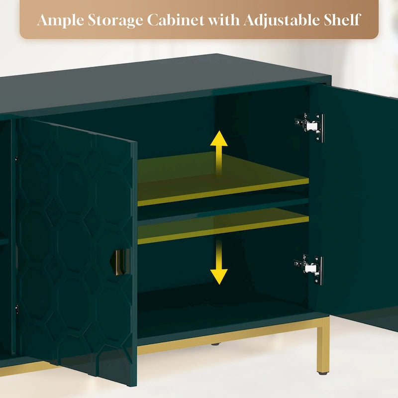 Glossy White 3-Door Storage Cabinet with Honeycomb Pattern & Gold Legs