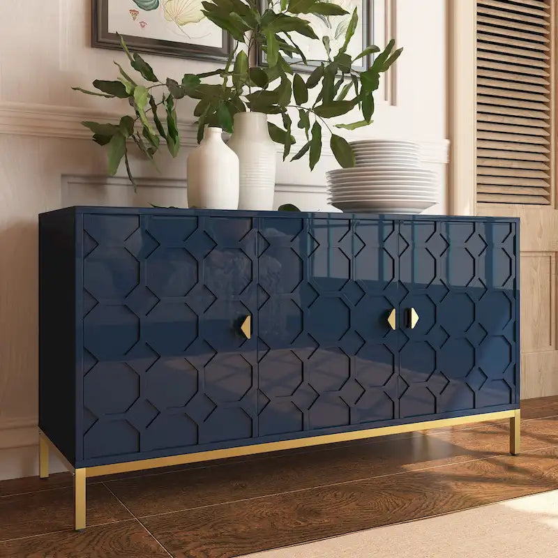 Glossy White 3-Door Storage Cabinet with Honeycomb Pattern & Gold Legs