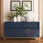 Glossy White 3-Door Storage Cabinet with Honeycomb Pattern & Gold Legs