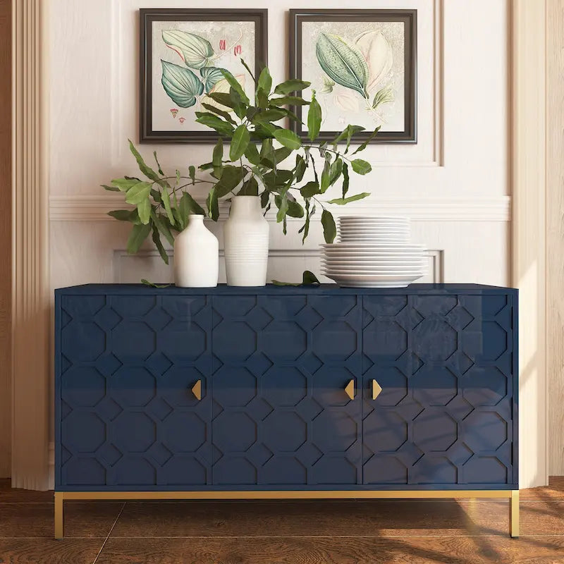 Glossy White 3-Door Storage Cabinet with Honeycomb Pattern & Gold Legs