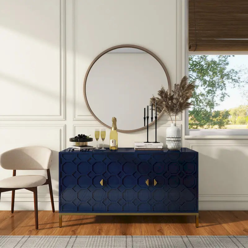 Glossy White 3-Door Storage Cabinet with Honeycomb Pattern & Gold Legs