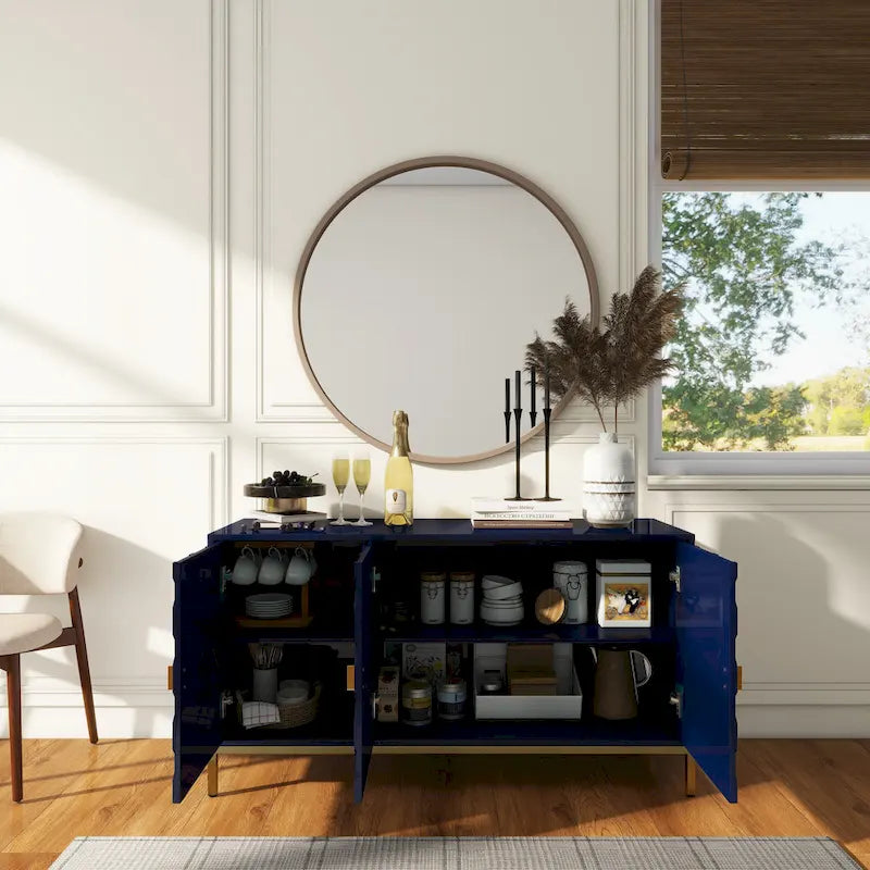 Glossy White 3-Door Storage Cabinet with Honeycomb Pattern & Gold Legs