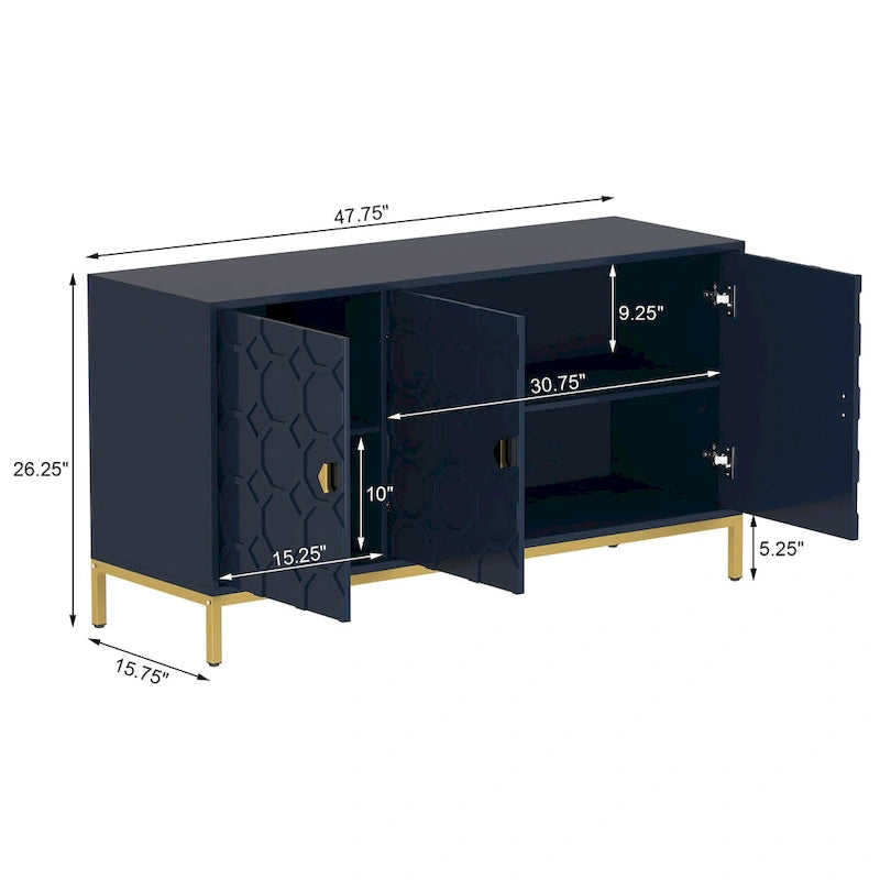 Glossy White 3-Door Storage Cabinet with Honeycomb Pattern & Gold Legs