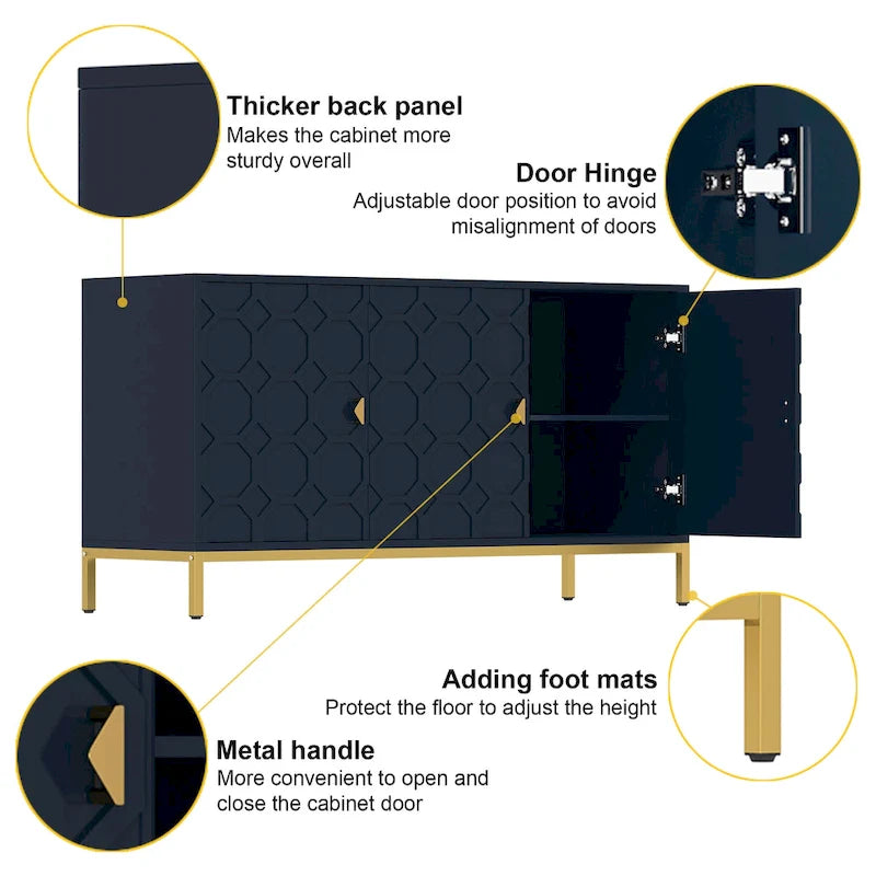 Glossy White 3-Door Storage Cabinet with Honeycomb Pattern & Gold Legs