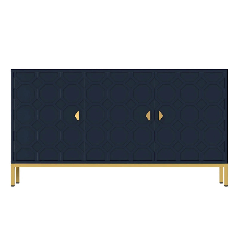 Glossy White 3-Door Storage Cabinet with Honeycomb Pattern & Gold Legs