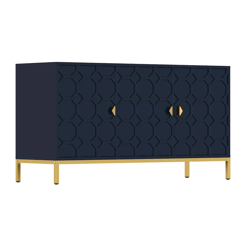 Glossy White 3-Door Storage Cabinet with Honeycomb Pattern & Gold Legs