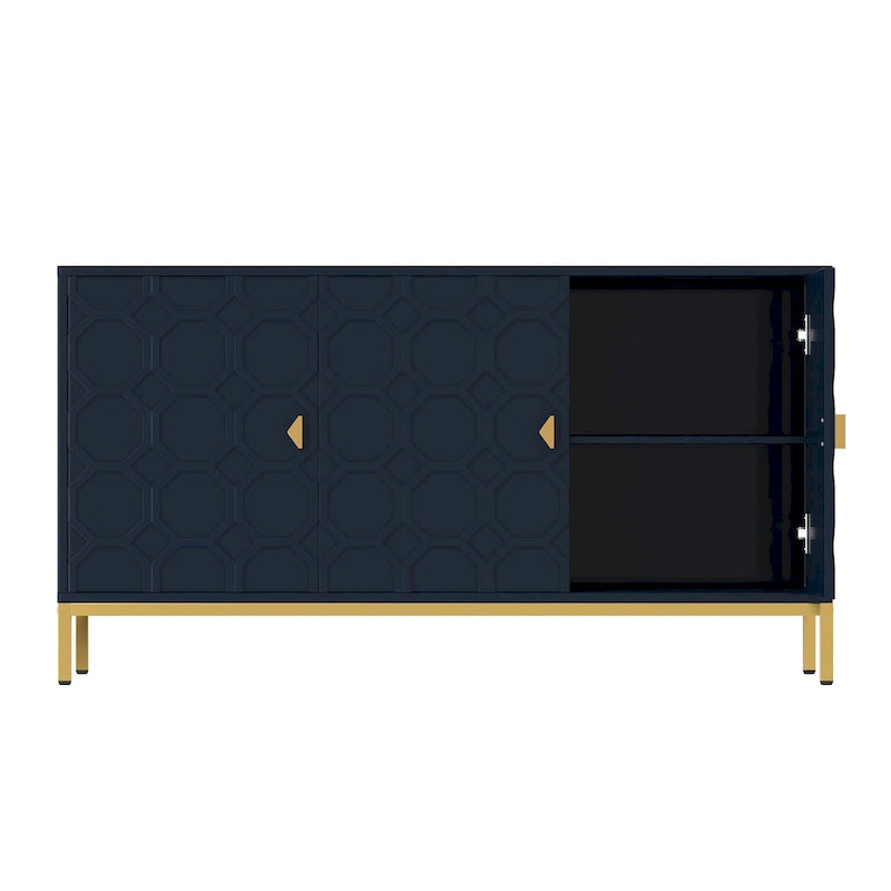 Glossy White 3-Door Storage Cabinet with Honeycomb Pattern & Gold Legs