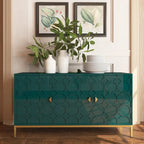 Glossy White 3-Door Storage Cabinet with Honeycomb Pattern & Gold Legs