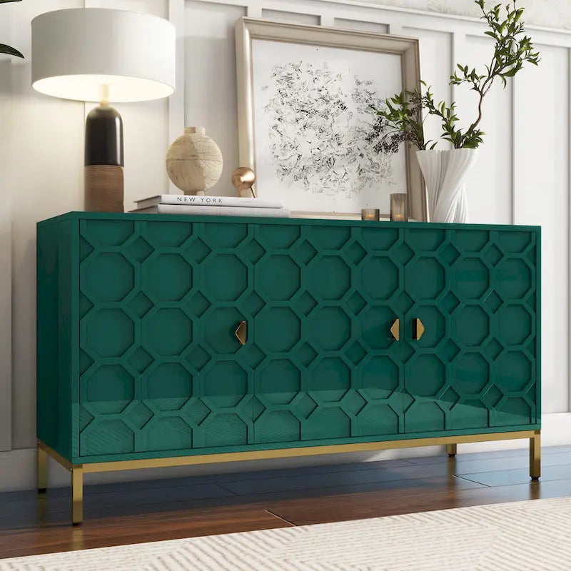Glossy White 3-Door Storage Cabinet with Honeycomb Pattern & Gold Legs