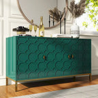Glossy White 3-Door Storage Cabinet with Honeycomb Pattern & Gold Legs